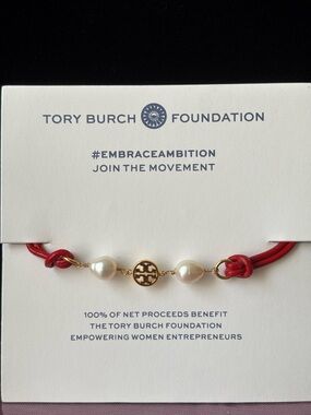 Tory Burch gold bracelet pearl & red leather